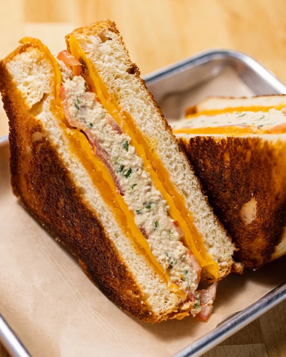 Grilled cheese cut in half on a steel tray